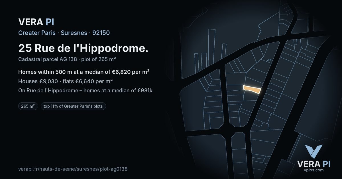 25 Rue de l'Hippodrome, Suresnes at night – the plot lit, the parcels around coloured by the prices near them