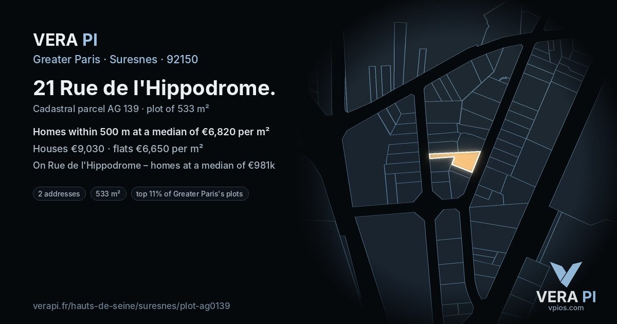 21 Rue de l'Hippodrome, Suresnes at night – the plot lit, the parcels around coloured by the prices near them