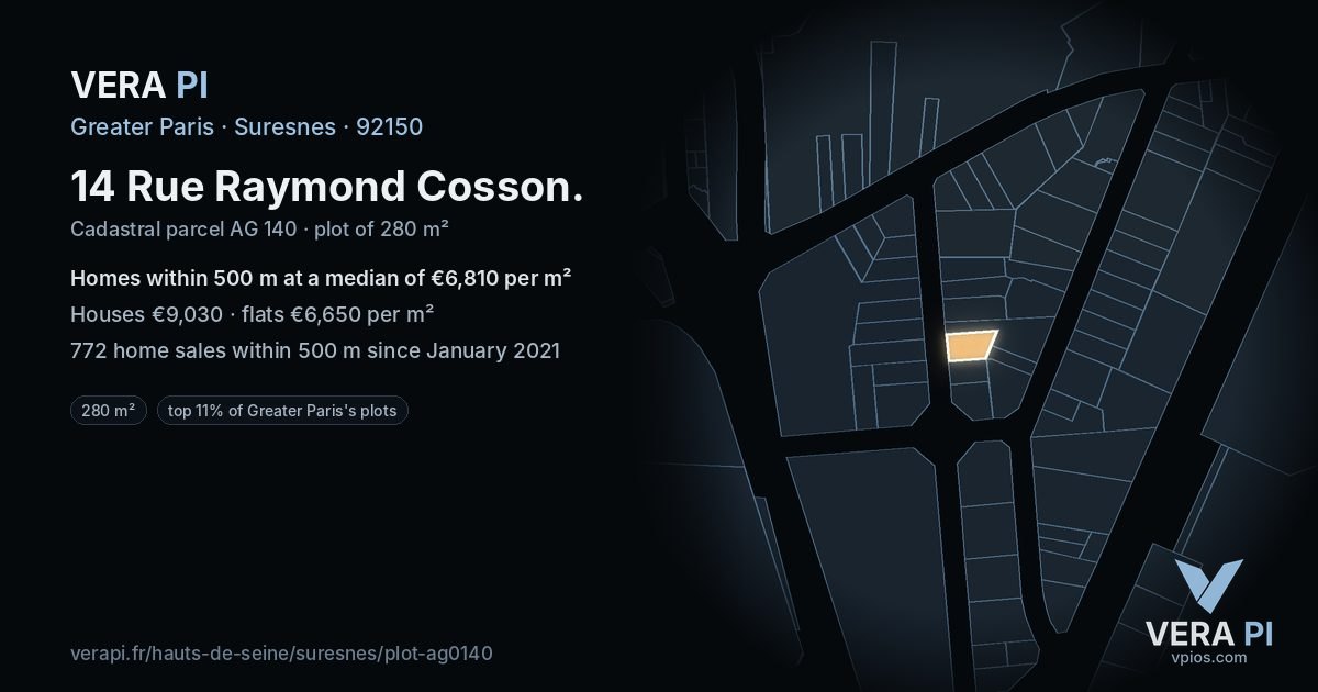 14 Rue Raymond Cosson, Suresnes at night – the plot lit, the parcels around coloured by the prices near them