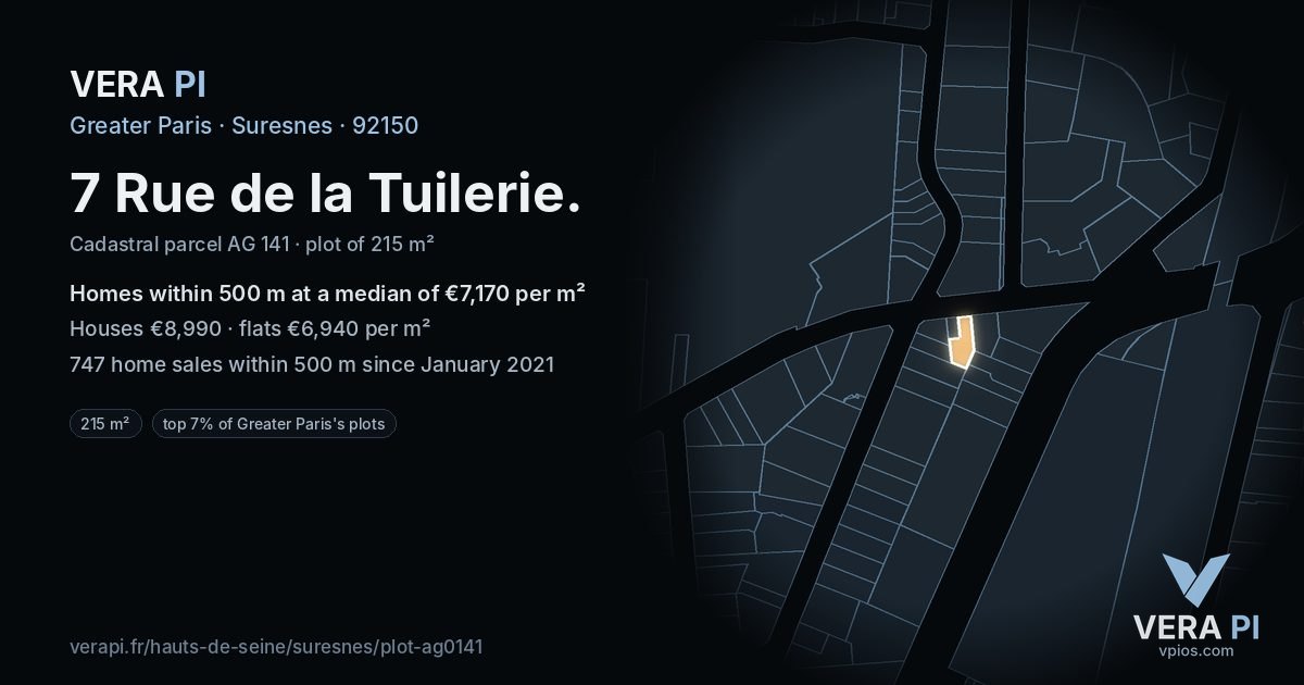 7 Rue de la Tuilerie, Suresnes at night – the plot lit, the parcels around coloured by the prices near them