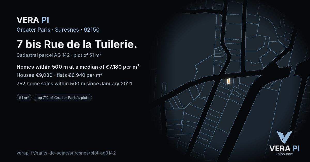 7 bis Rue de la Tuilerie, Suresnes at night – the plot lit, the parcels around coloured by the prices near them