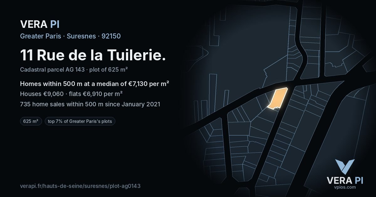 11 Rue de la Tuilerie, Suresnes at night – the plot lit, the parcels around coloured by the prices near them