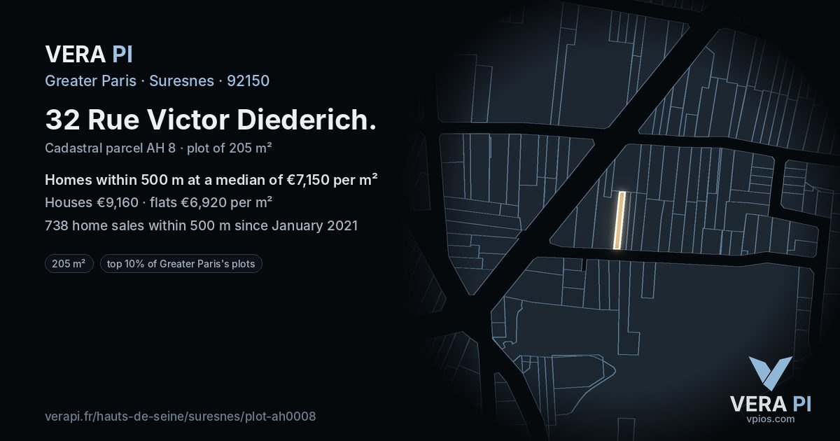32 Rue Victor Diederich, Suresnes at night – the plot lit, the parcels around coloured by the prices near them