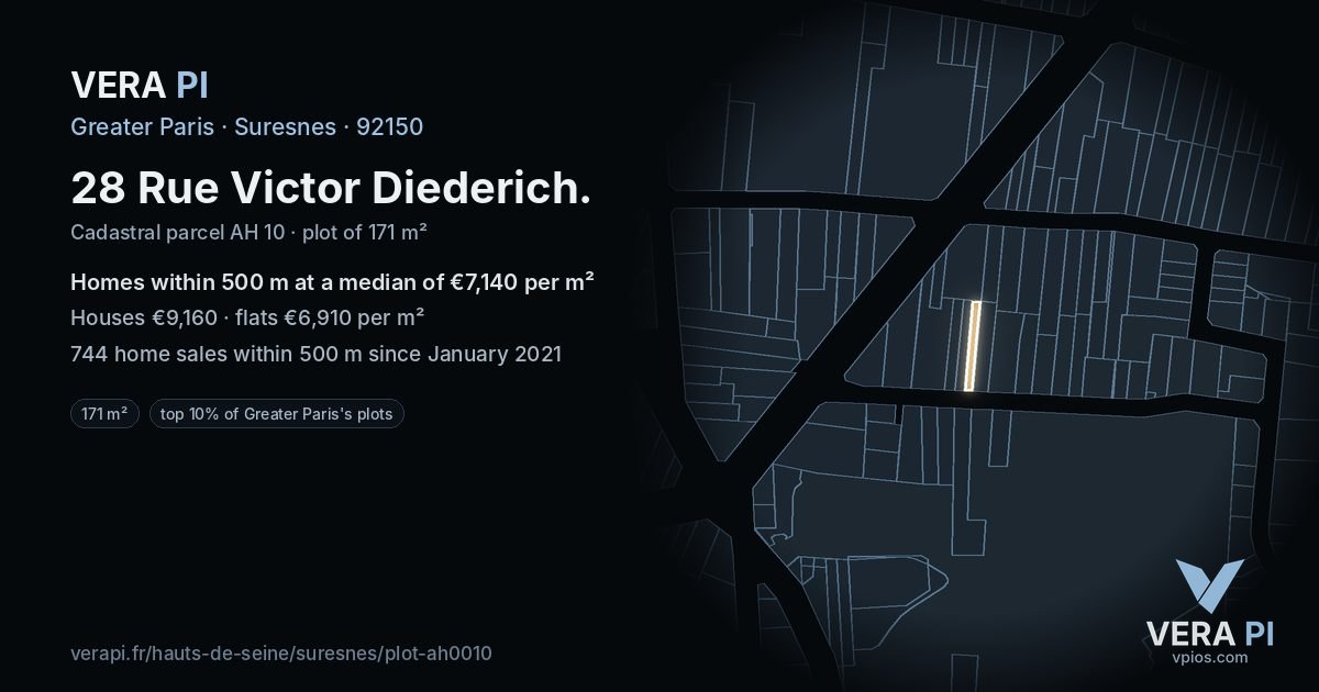 28 Rue Victor Diederich, Suresnes at night – the plot lit, the parcels around coloured by the prices near them