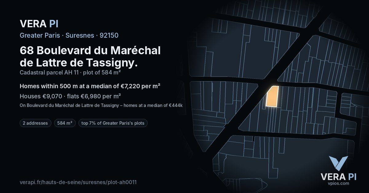 68 Boulevard du Maréchal de Lattre de Tassigny, Suresnes at night – the plot lit, the parcels around coloured by the prices near them