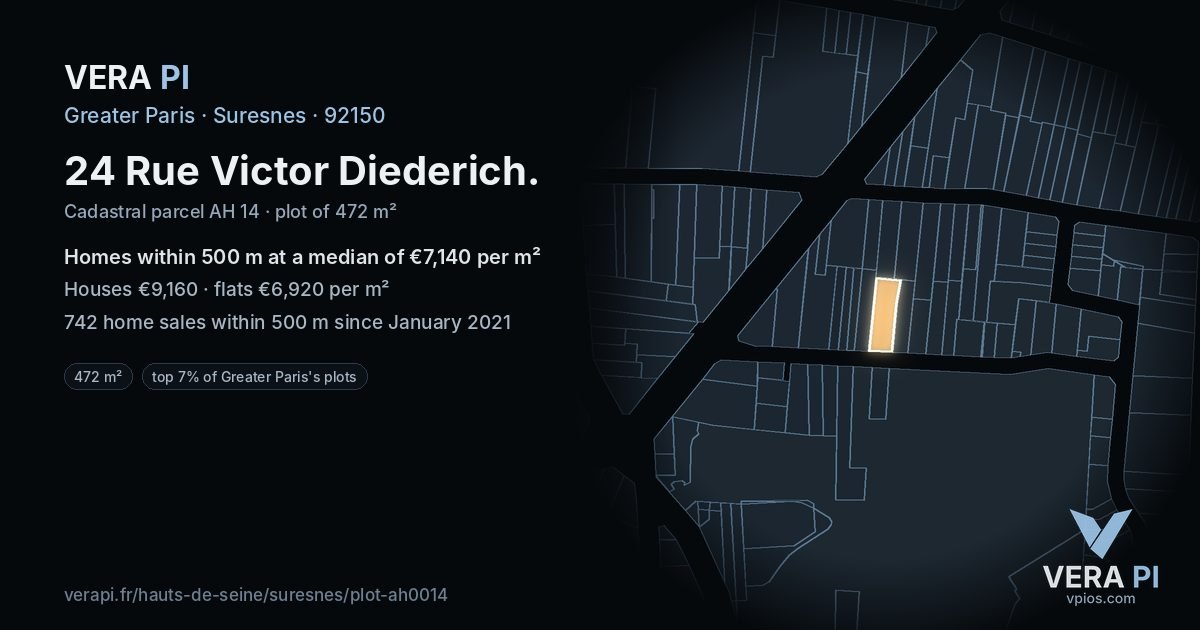 24 Rue Victor Diederich, Suresnes at night – the plot lit, the parcels around coloured by the prices near them