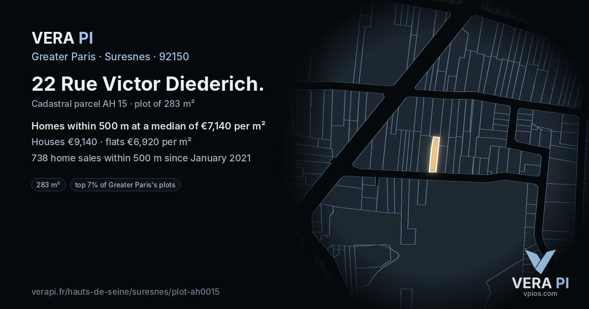 22 Rue Victor Diederich, Suresnes at night – the plot lit, the parcels around coloured by the prices near them