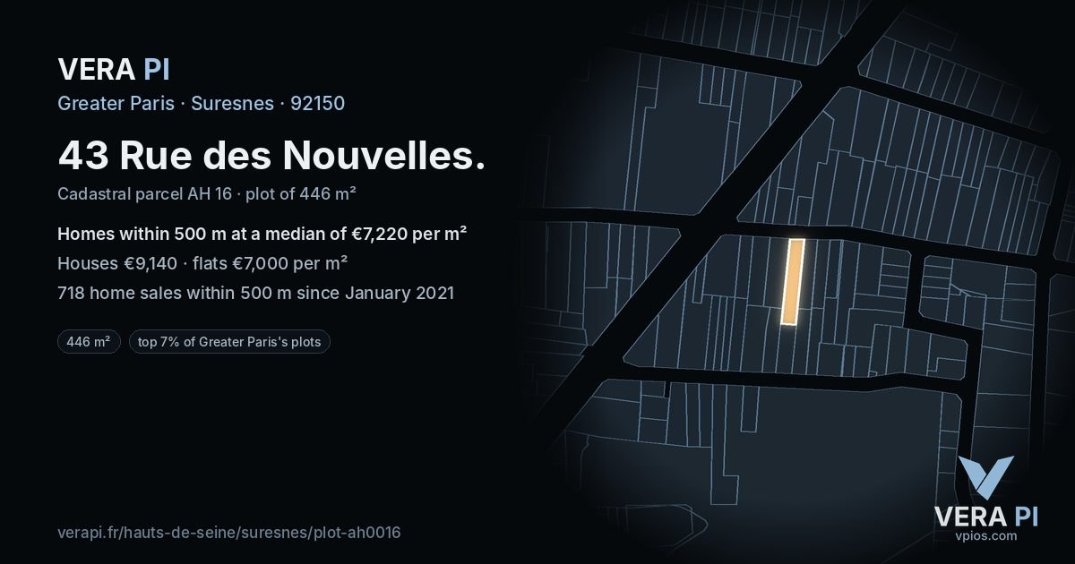 43 Rue des Nouvelles, Suresnes at night – the plot lit, the parcels around coloured by the prices near them