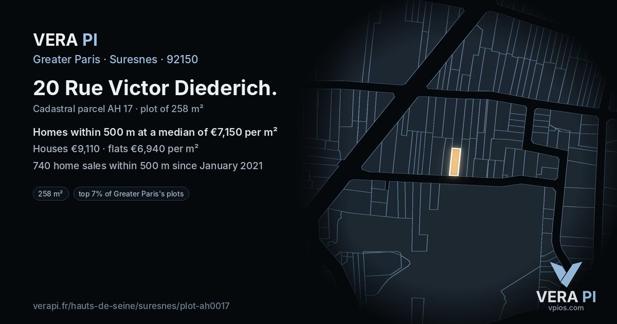 20 Rue Victor Diederich, Suresnes at night – the plot lit, the parcels around coloured by the prices near them