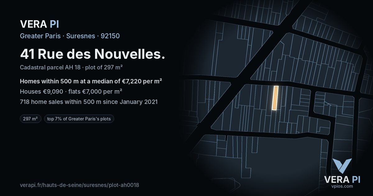 41 Rue des Nouvelles, Suresnes at night – the plot lit, the parcels around coloured by the prices near them