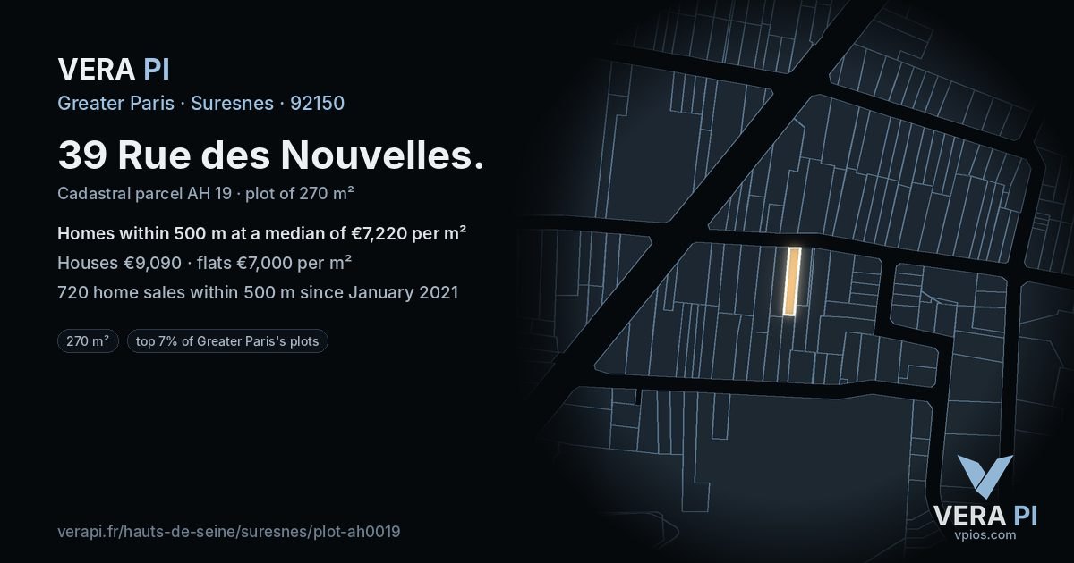 39 Rue des Nouvelles, Suresnes at night – the plot lit, the parcels around coloured by the prices near them