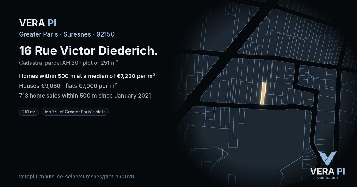 16 Rue Victor Diederich, Suresnes at night – the plot lit, the parcels around coloured by the prices near them