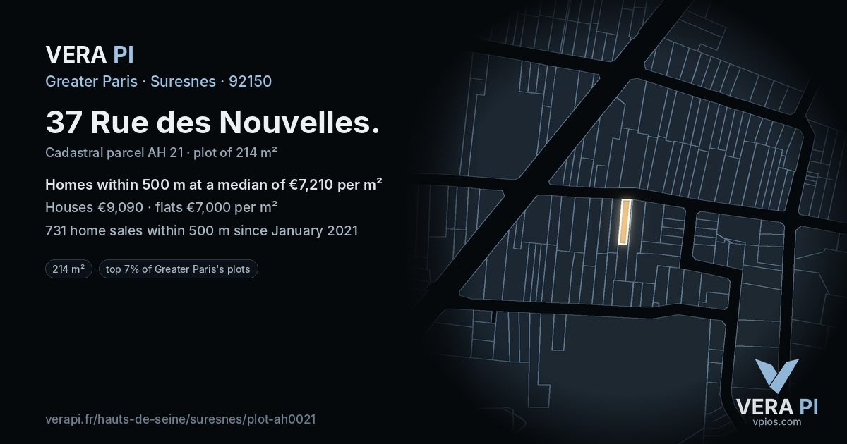 37 Rue des Nouvelles, Suresnes at night – the plot lit, the parcels around coloured by the prices near them