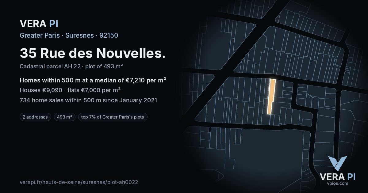 35 Rue des Nouvelles, Suresnes at night – the plot lit, the parcels around coloured by the prices near them