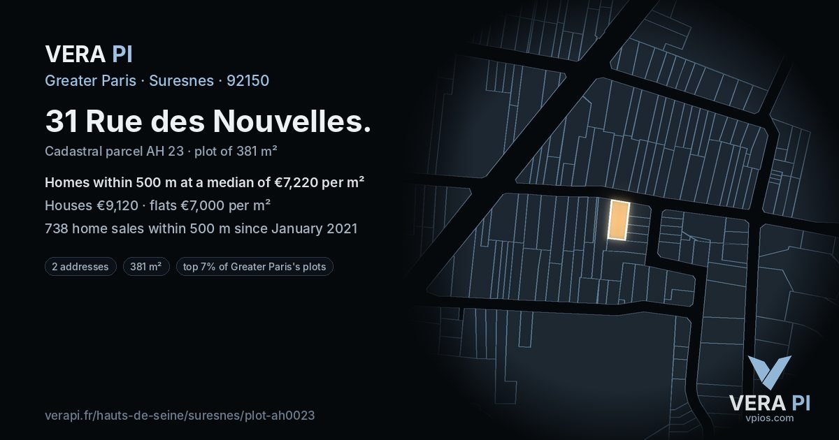 31 Rue des Nouvelles, Suresnes at night – the plot lit, the parcels around coloured by the prices near them