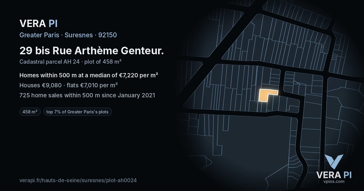 29 bis Rue Arthème Genteur, Suresnes at night – the plot lit, the parcels around coloured by the prices near them
