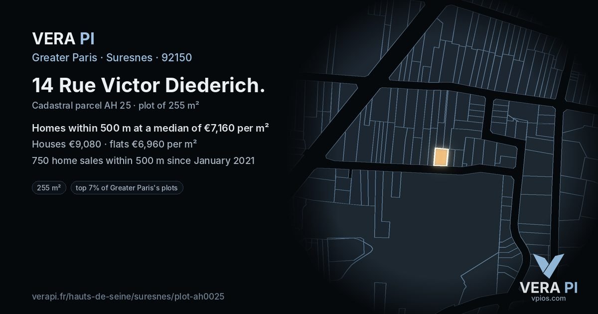 14 Rue Victor Diederich, Suresnes at night – the plot lit, the parcels around coloured by the prices near them
