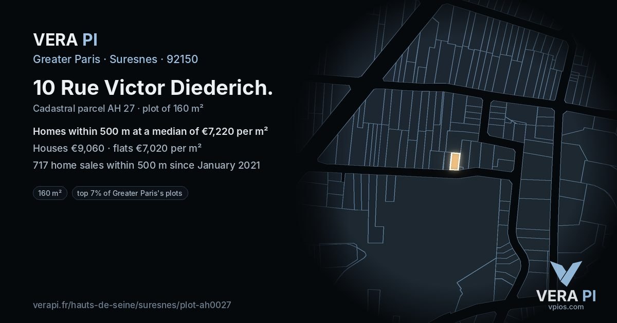 10 Rue Victor Diederich, Suresnes at night – the plot lit, the parcels around coloured by the prices near them