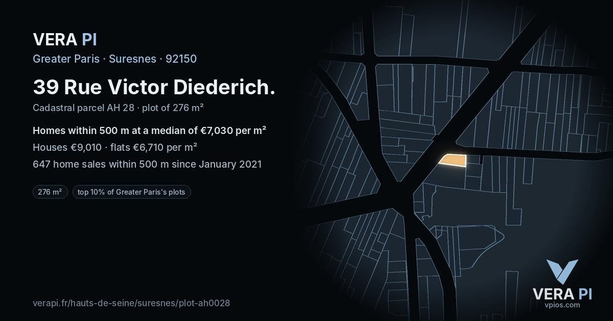 39 Rue Victor Diederich, Suresnes at night – the plot lit, the parcels around coloured by the prices near them