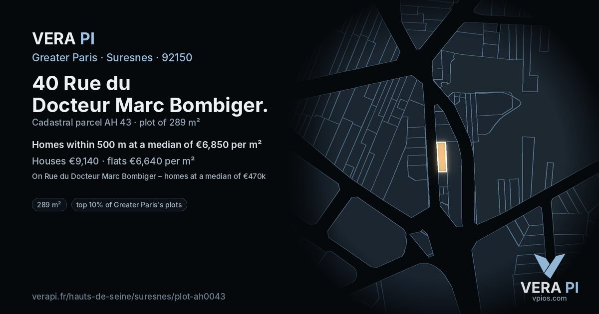 40 Rue du Docteur Marc Bombiger, Suresnes at night – the plot lit, the parcels around coloured by the prices near them