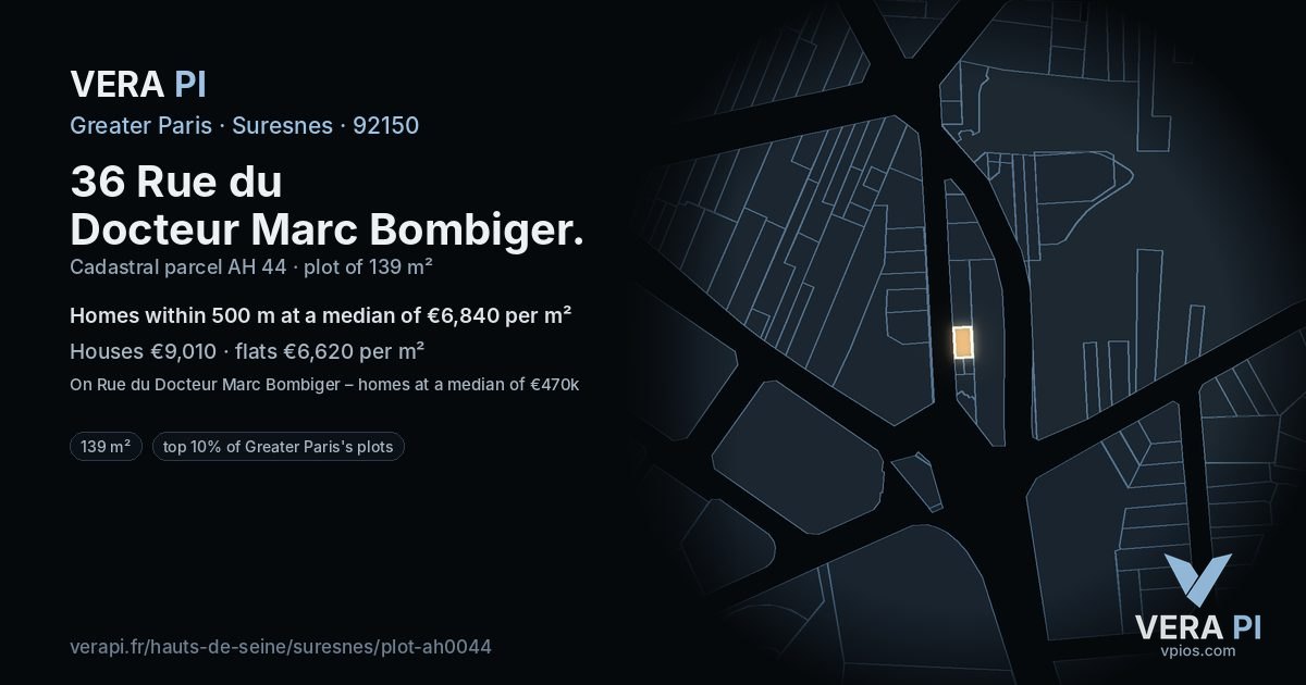 36 Rue du Docteur Marc Bombiger, Suresnes at night – the plot lit, the parcels around coloured by the prices near them