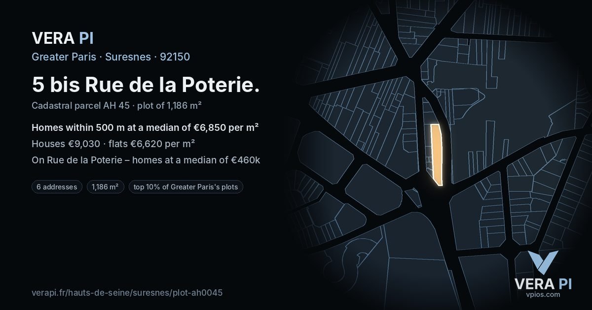 5 bis Rue de la Poterie, Suresnes at night – the plot lit, the parcels around coloured by the prices near them
