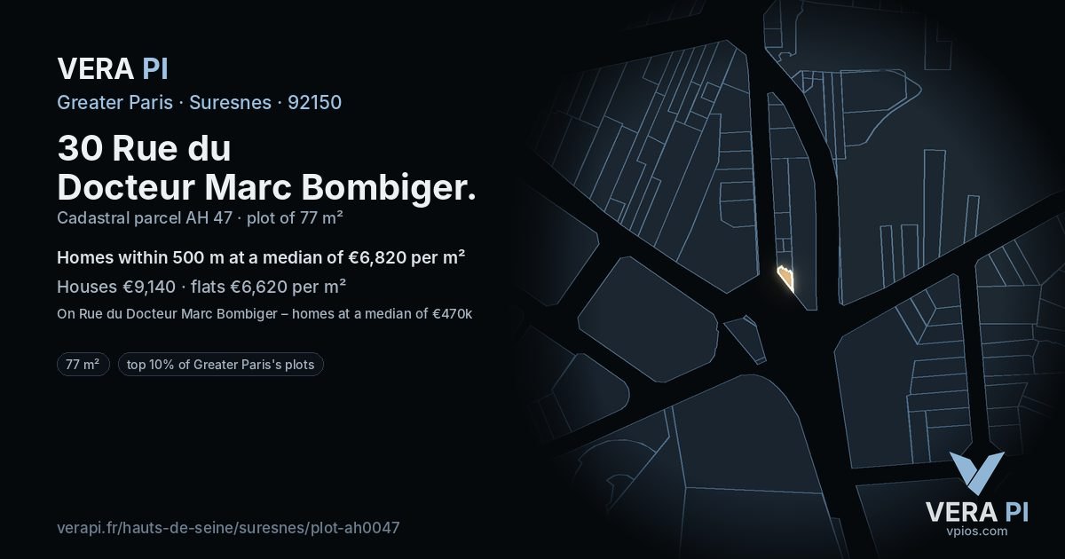 30 Rue du Docteur Marc Bombiger, Suresnes at night – the plot lit, the parcels around coloured by the prices near them