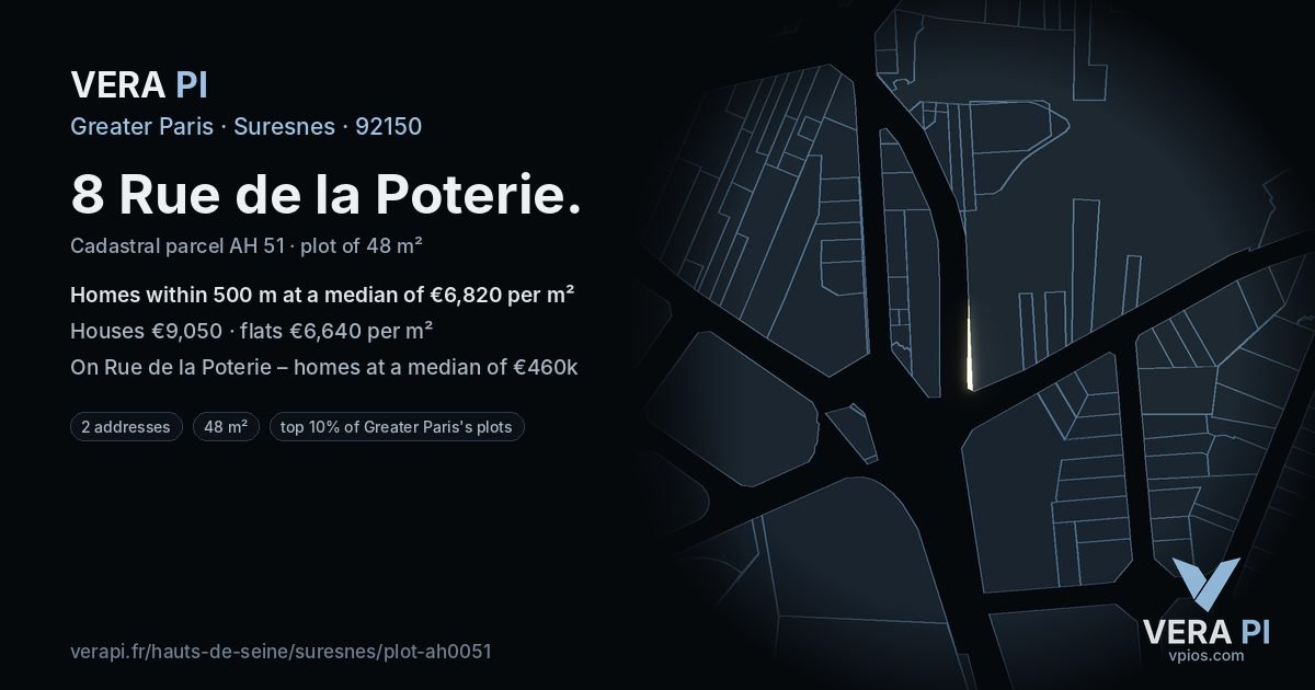 8 Rue de la Poterie, Suresnes at night – the plot lit, the parcels around coloured by the prices near them