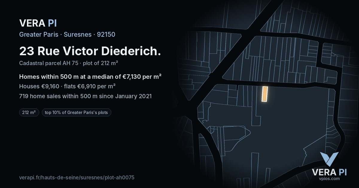 23 Rue Victor Diederich, Suresnes at night – the plot lit, the parcels around coloured by the prices near them