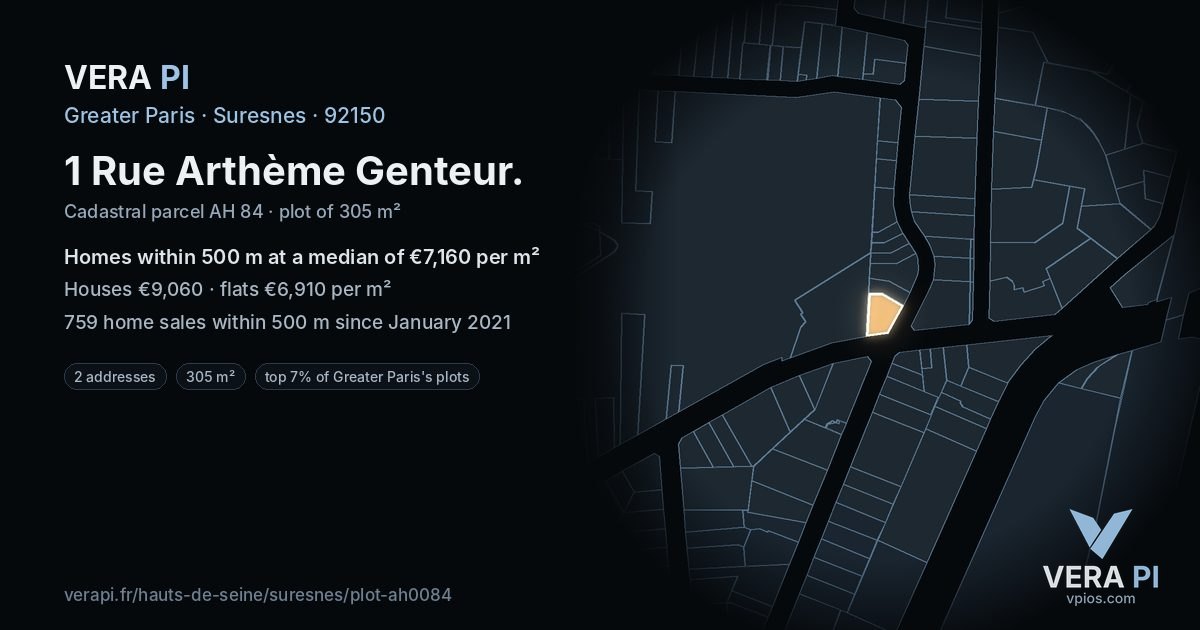 1 Rue Arthème Genteur, Suresnes at night – the plot lit, the parcels around coloured by the prices near them
