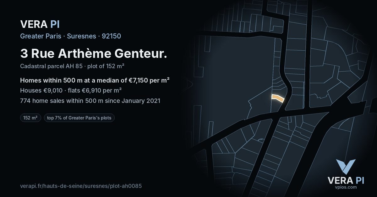 3 Rue Arthème Genteur, Suresnes at night – the plot lit, the parcels around coloured by the prices near them