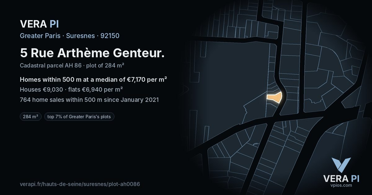 5 Rue Arthème Genteur, Suresnes at night – the plot lit, the parcels around coloured by the prices near them