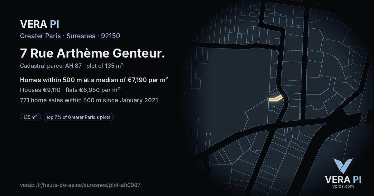 7 Rue Arthème Genteur, Suresnes at night – the plot lit, the parcels around coloured by the prices near them