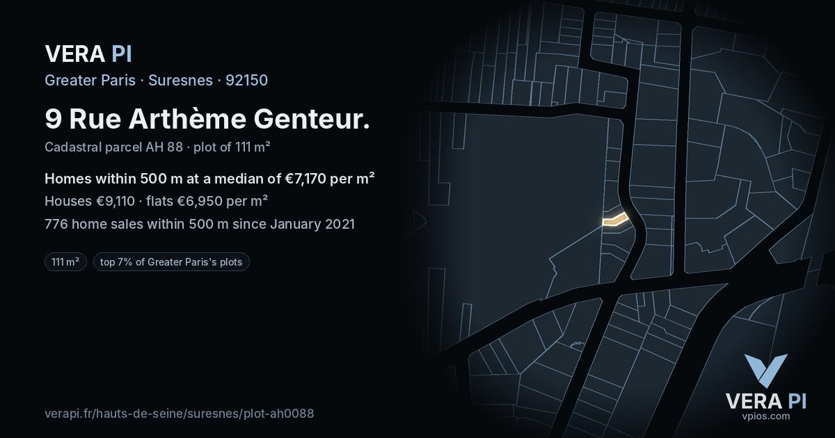 9 Rue Arthème Genteur, Suresnes at night – the plot lit, the parcels around coloured by the prices near them