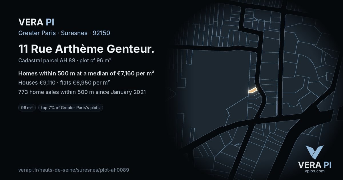 11 Rue Arthème Genteur, Suresnes at night – the plot lit, the parcels around coloured by the prices near them