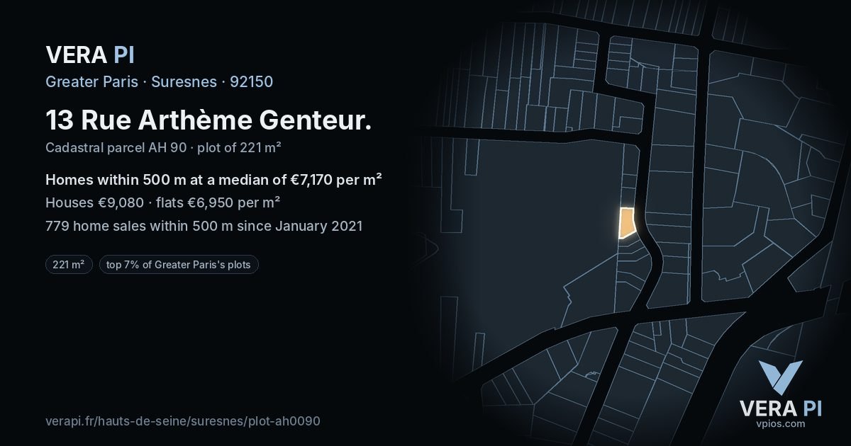 13 Rue Arthème Genteur, Suresnes at night – the plot lit, the parcels around coloured by the prices near them