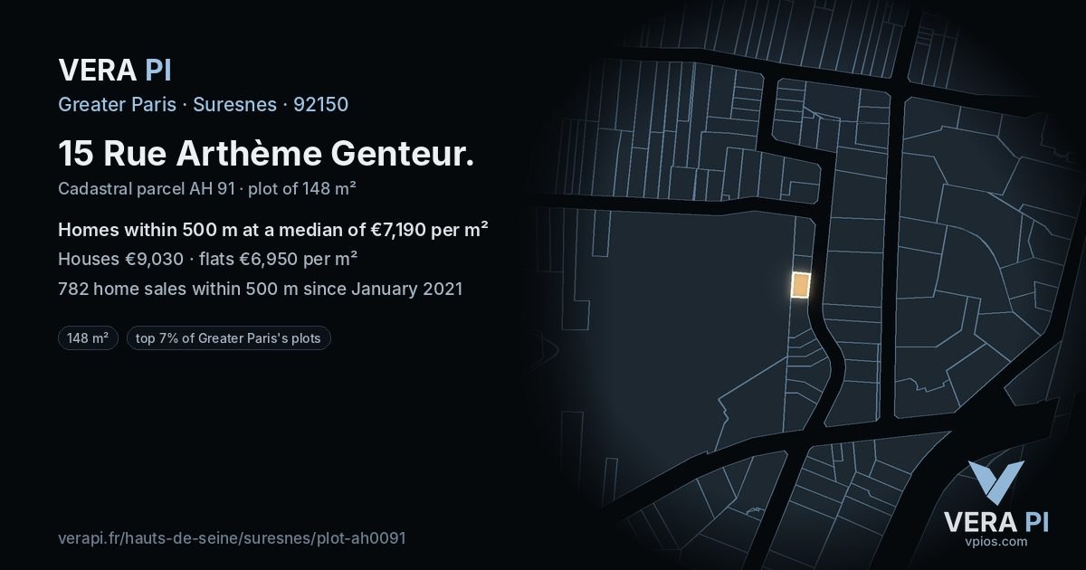 15 Rue Arthème Genteur, Suresnes at night – the plot lit, the parcels around coloured by the prices near them