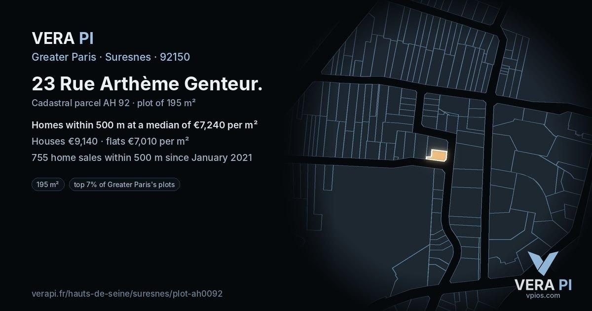 23 Rue Arthème Genteur, Suresnes at night – the plot lit, the parcels around coloured by the prices near them
