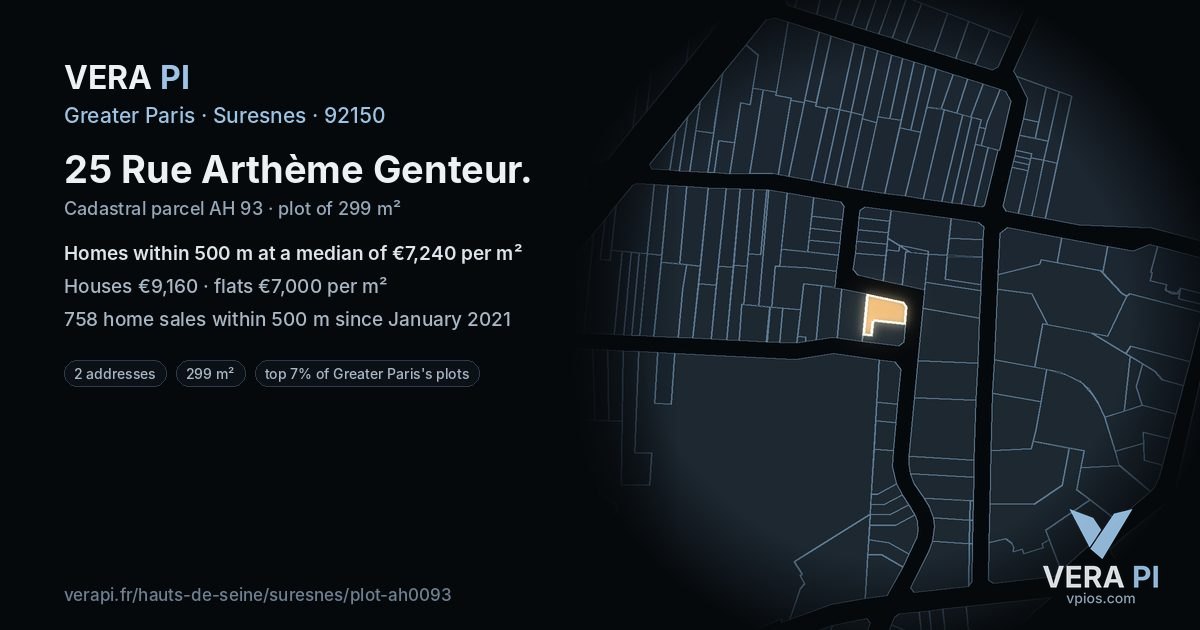 25 Rue Arthème Genteur, Suresnes at night – the plot lit, the parcels around coloured by the prices near them
