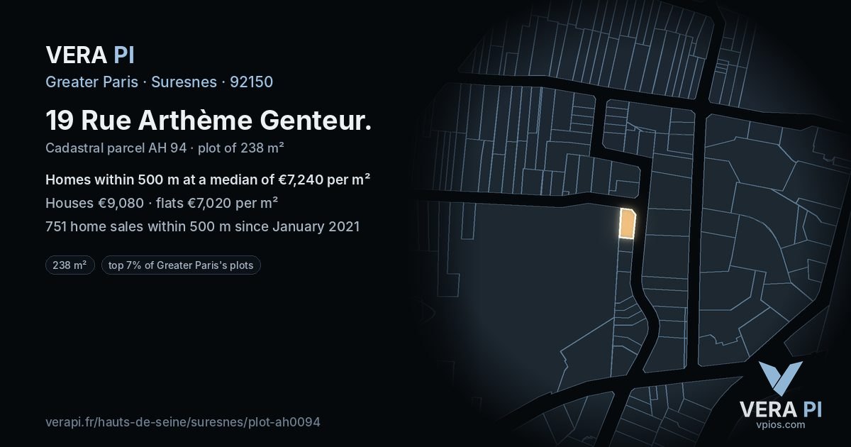 19 Rue Arthème Genteur, Suresnes at night – the plot lit, the parcels around coloured by the prices near them