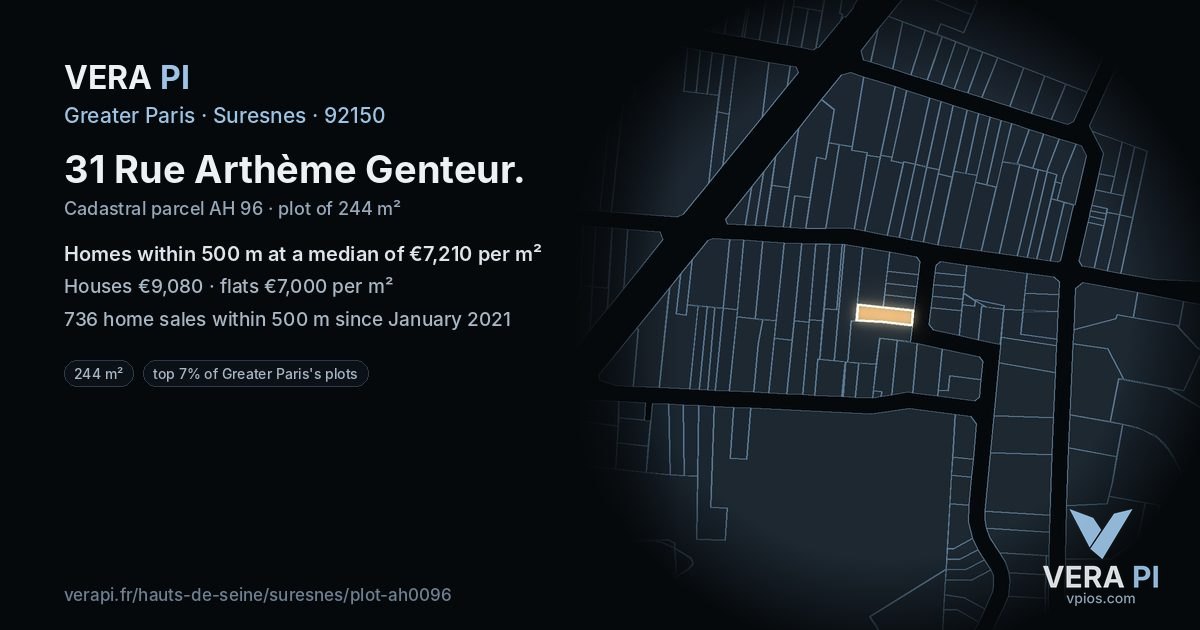 31 Rue Arthème Genteur, Suresnes at night – the plot lit, the parcels around coloured by the prices near them