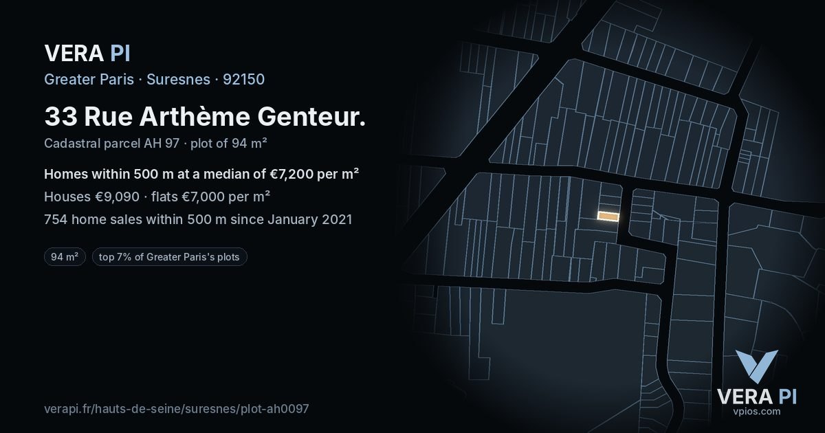 33 Rue Arthème Genteur, Suresnes at night – the plot lit, the parcels around coloured by the prices near them