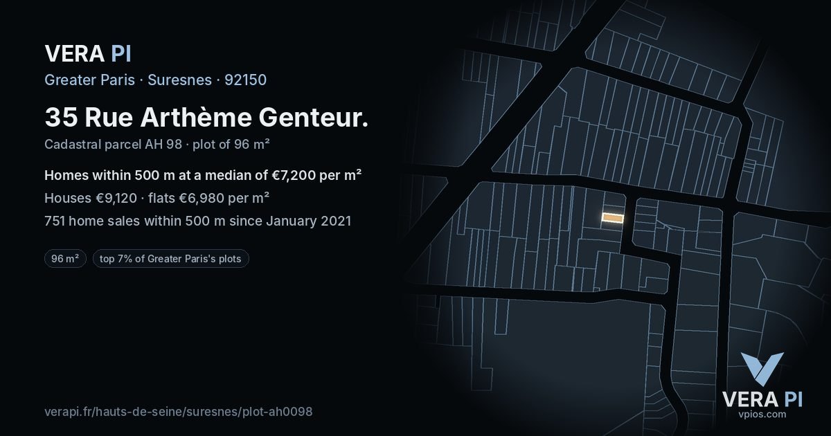 35 Rue Arthème Genteur, Suresnes at night – the plot lit, the parcels around coloured by the prices near them