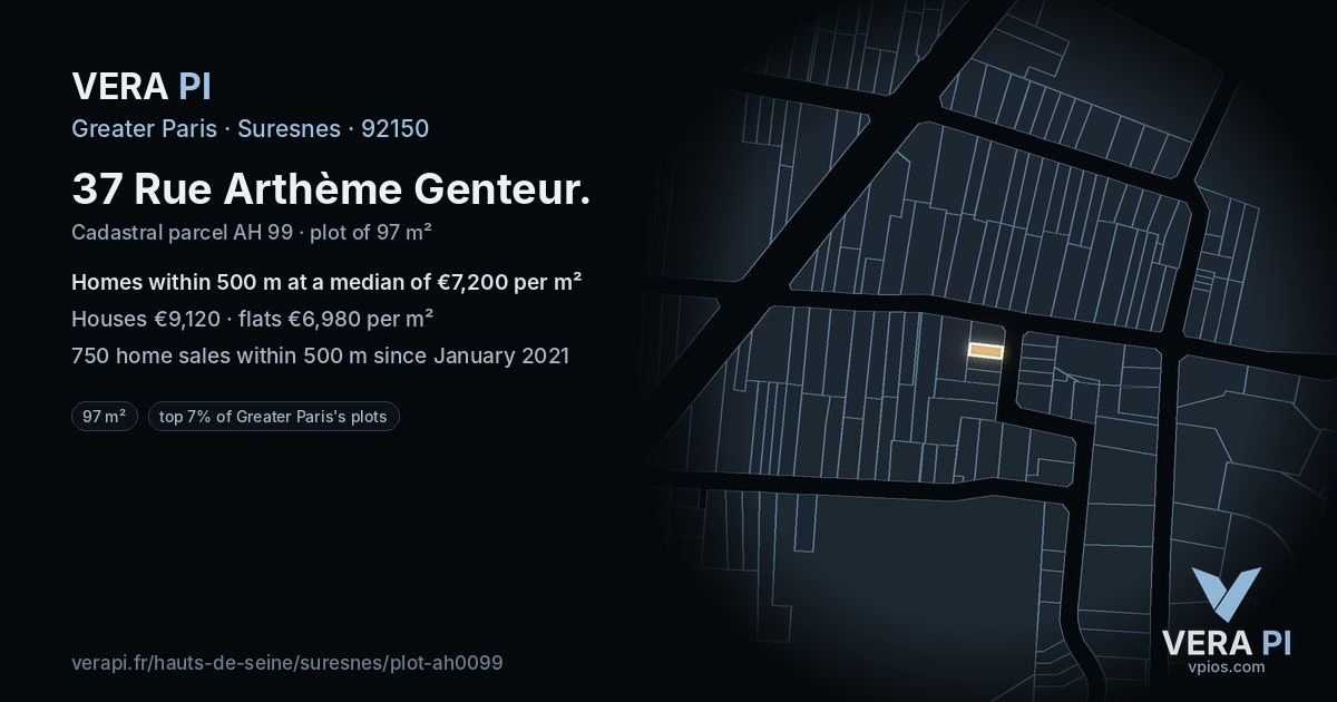 37 Rue Arthème Genteur, Suresnes at night – the plot lit, the parcels around coloured by the prices near them