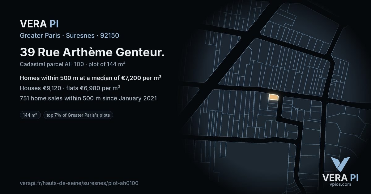 39 Rue Arthème Genteur, Suresnes at night – the plot lit, the parcels around coloured by the prices near them