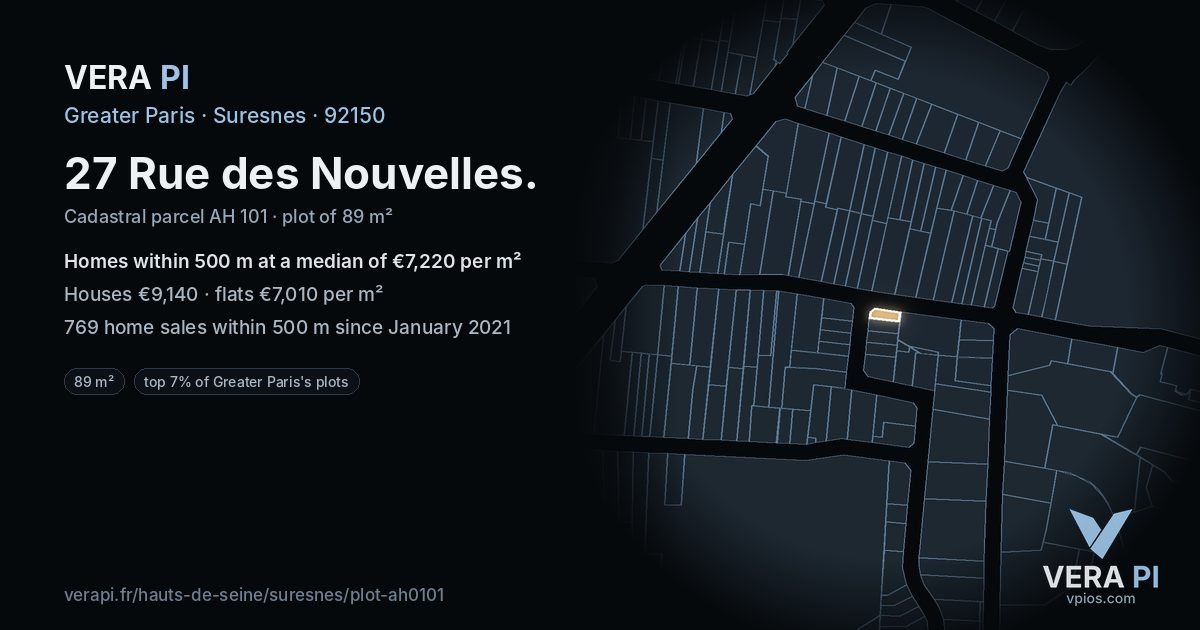 27 Rue des Nouvelles, Suresnes at night – the plot lit, the parcels around coloured by the prices near them