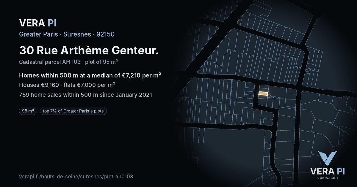 30 Rue Arthème Genteur, Suresnes at night – the plot lit, the parcels around coloured by the prices near them
