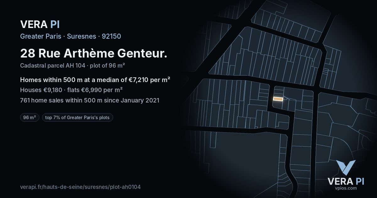 28 Rue Arthème Genteur, Suresnes at night – the plot lit, the parcels around coloured by the prices near them