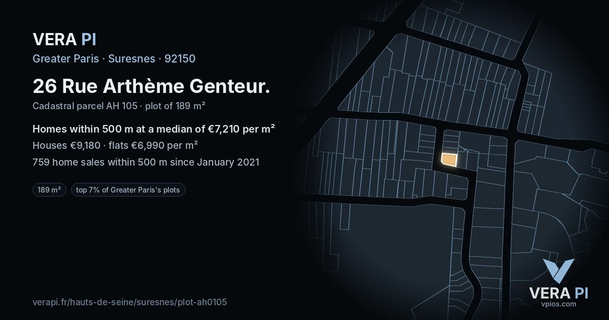 26 Rue Arthème Genteur, Suresnes at night – the plot lit, the parcels around coloured by the prices near them