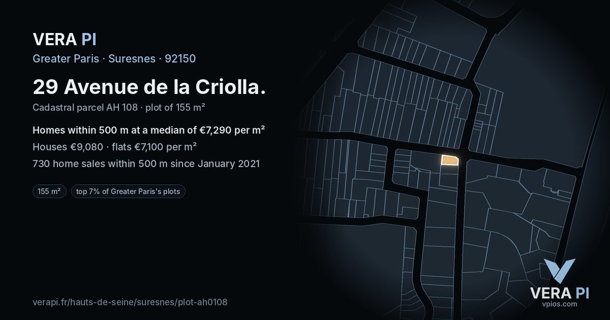 29 Avenue de la Criolla, Suresnes at night – the plot lit, the parcels around coloured by the prices near them